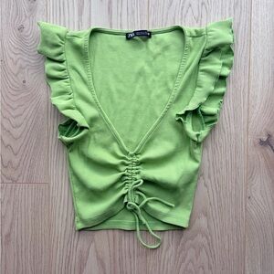 Zara Green Ribbed Ruffle Sleeve Ruched Drawstring Crop Top Size S